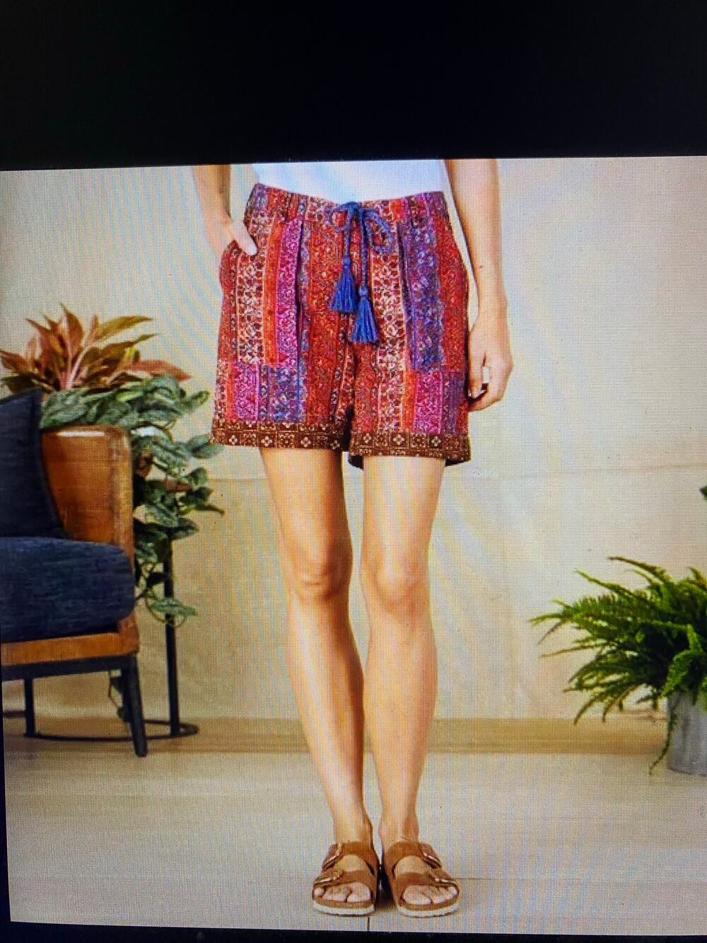 Sundance Kalini Shorts Floral Stripes Brown Contrast Trim Linen Size L